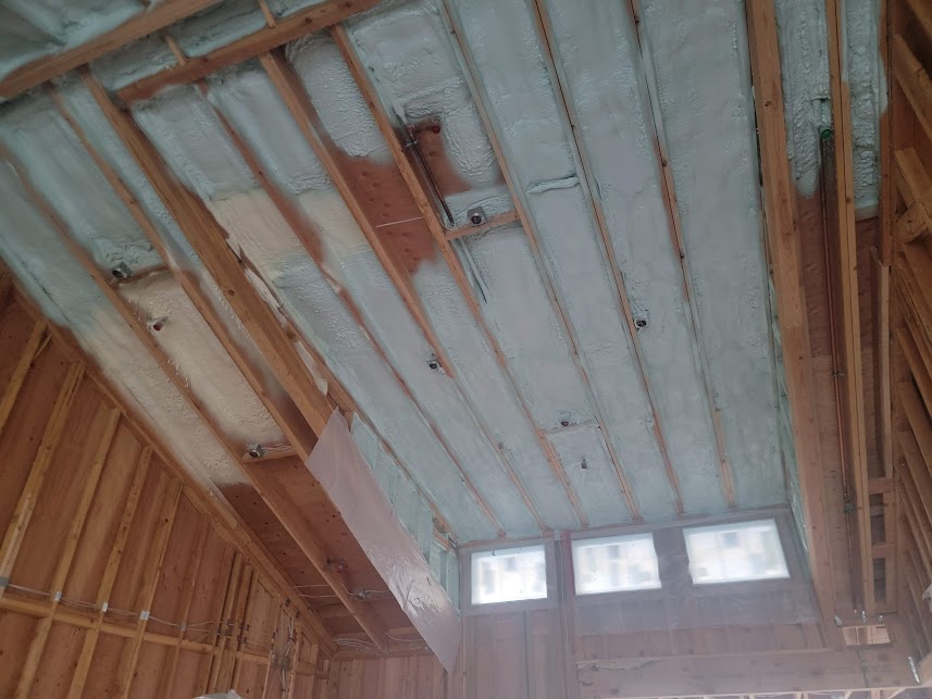  
               Spray foam insulation applied to a ceiling.

      
      
      
               