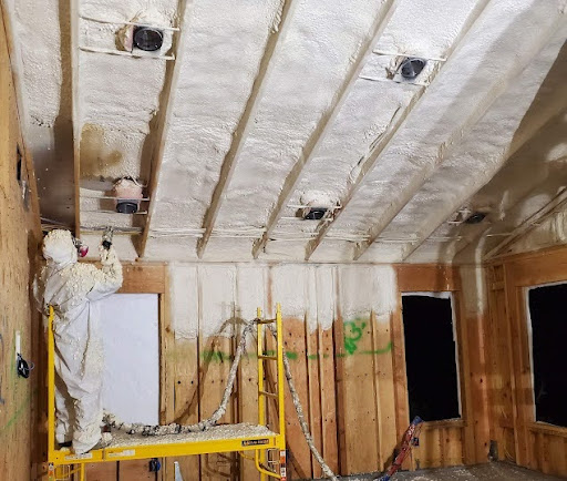  


                     Technician applying spray foam insulation to ceiling and walls.





                     