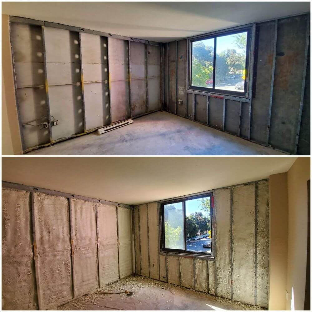 Before and after picture of a custom spray foam wall insulation.