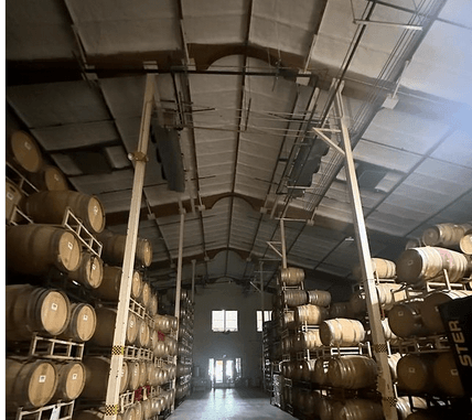 Wine cellar with barrels stacked and spray foam insulation on the ceiling.