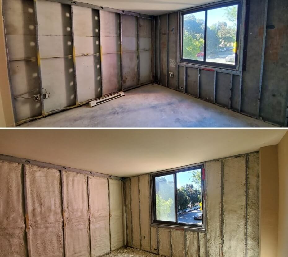 Two images of a room before and after spray foam insulation installation.